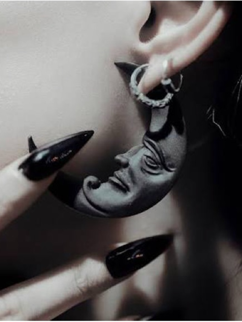 Killstar Black Crescent Moon Face Earrings